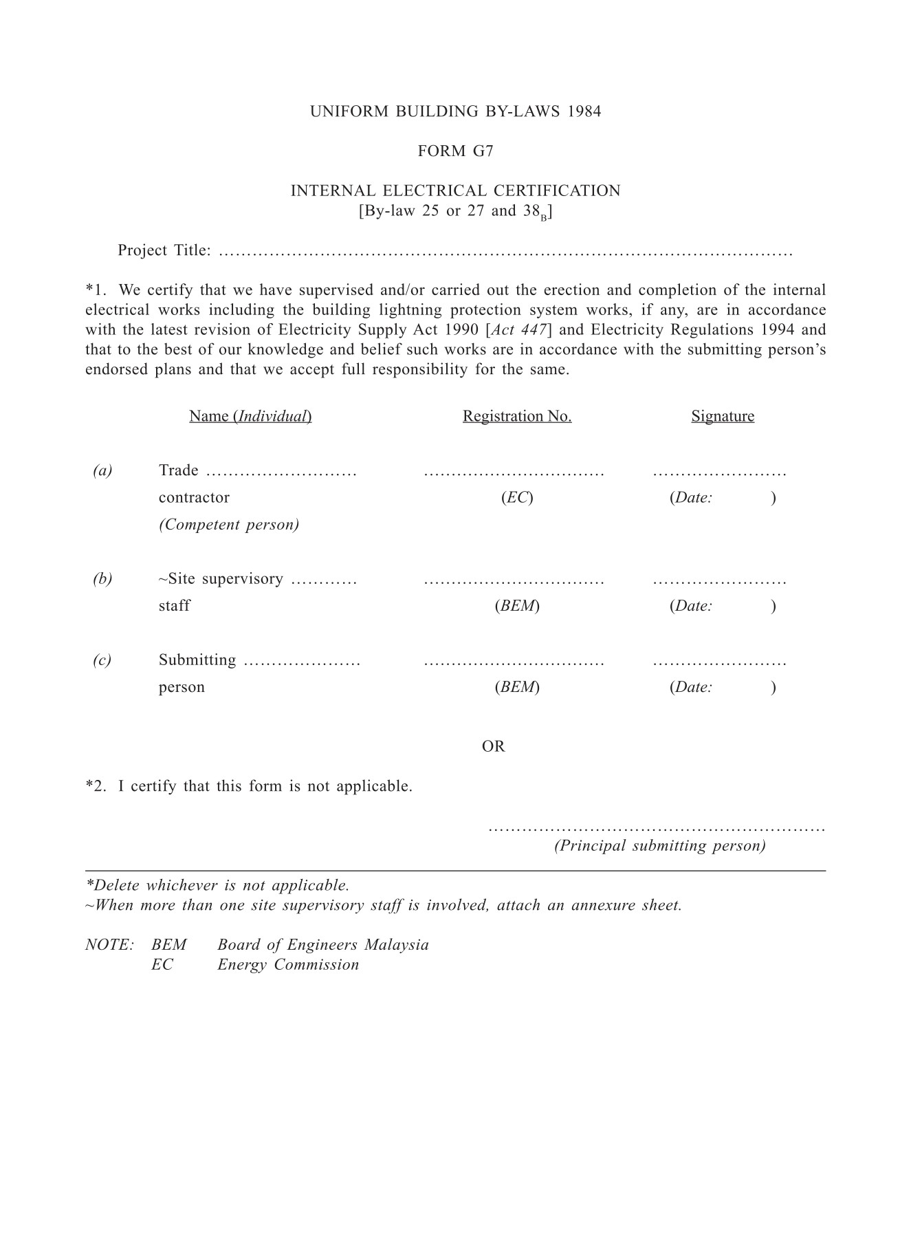 Form G7 INTERNAL ELECTRICAL CERTIFICATION